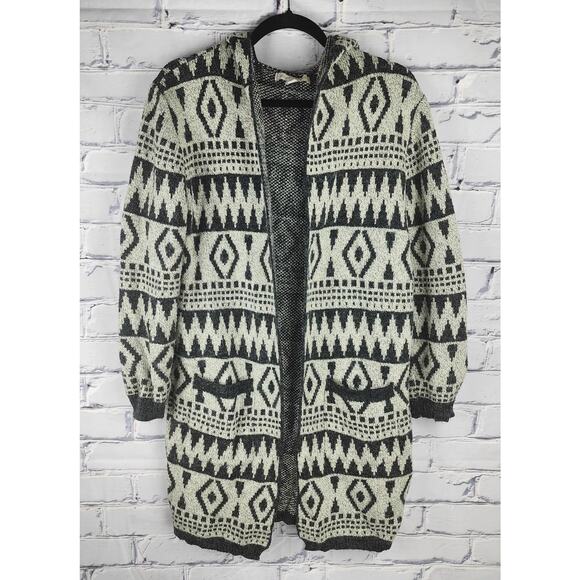 Monteau Sweaters - Montreal Cardigan Women's L Aztec/Geometric Plush Soft Black/White Sweater Boho